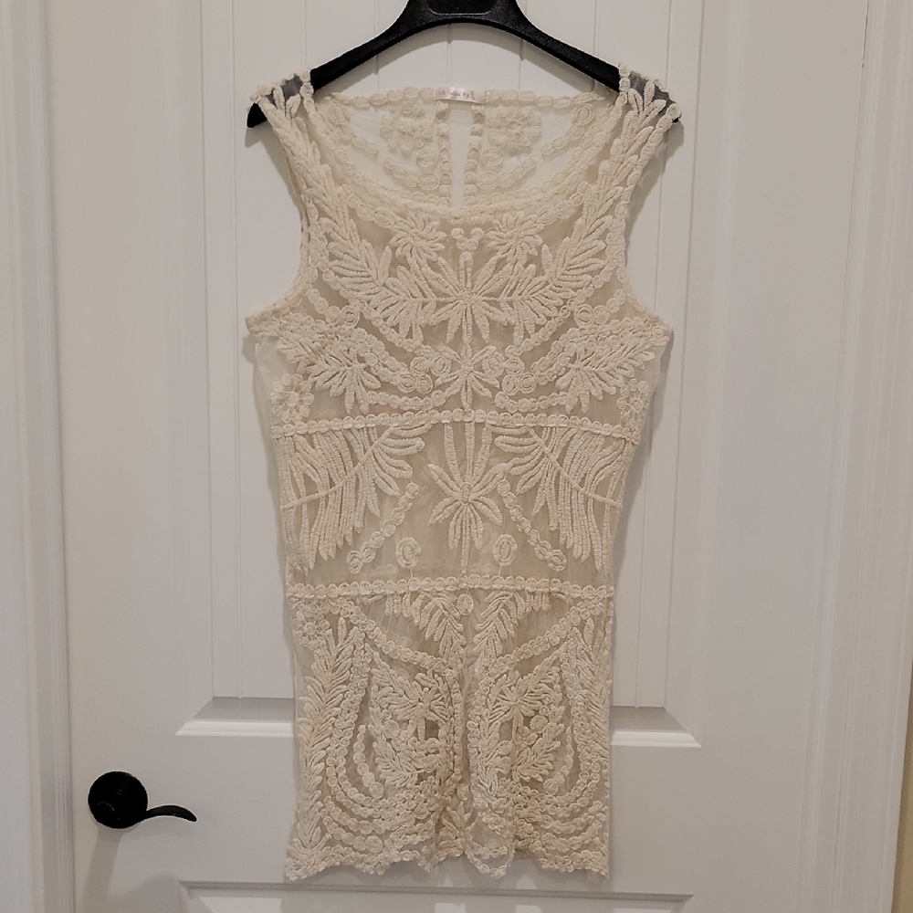 Nella Fantasia Cream Sheer Crochet Lace Mini Dress Size Medium